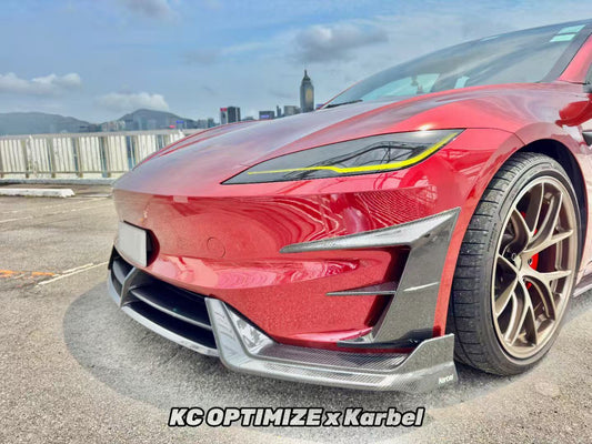 Tesla Model 3 Highland Performance 2024-ON with Aftermarket Parts - Front Canards & Upper Valences Pre-preg Carbon Fiber/FRP from Karbel Carbon
