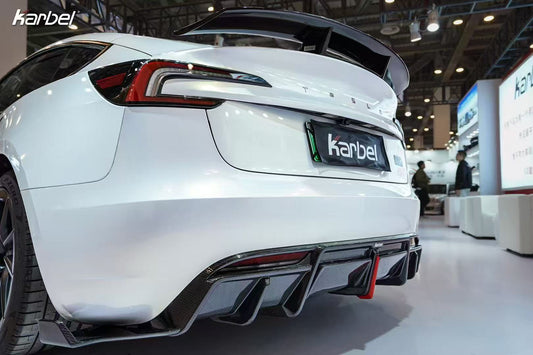 Tesla Model 3 Highland / Performance 2024-ON with Aftermarket Parts - With Light Style Rear Diffuser & Canards Pre-preg Carbon Fiber from Karbel Carbon