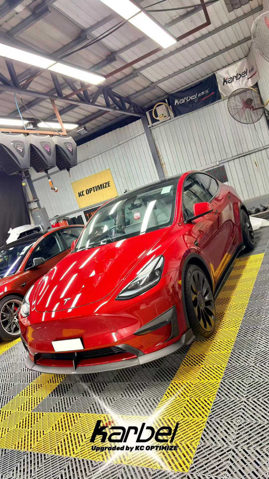 Tesla Model Y 2020-ON with Aftermarket Parts - Front Lip Pre-preg Carbon Fiber from Karbel Carbon