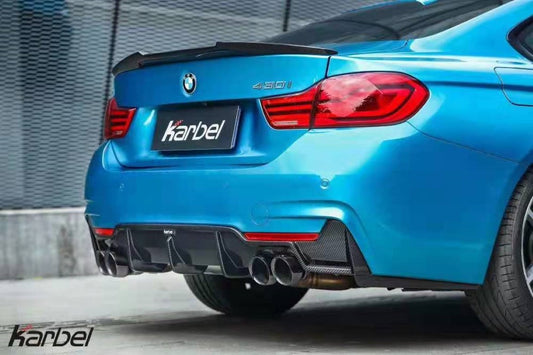 BMW 4 Series 430 440 (with M-Package bumper, does not fit base model) F32 / F33 2017 2018 2019 2020 with Aftermarket Parts - Rear Diffuser & Canards Dry Pre-preg Carbon Fiber from Karbel Carbon