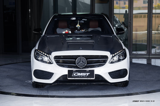 Mercedes Benz C-Class C43 C400 C300 W205 2015-2021 & C-Class C43 C300 W205 2016-2022 with CMST Tuning's Aftermarket Parts - Carbon Fiber and FRP Hood Bonnet V4 Style
