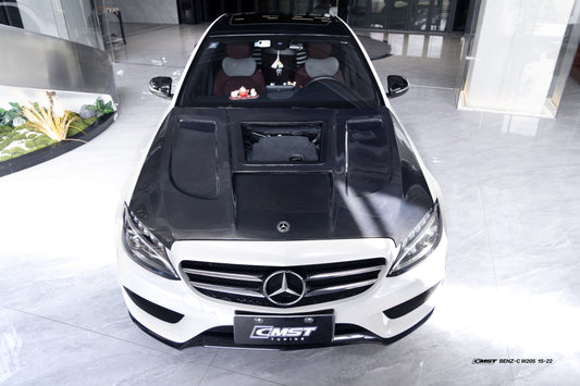 Mercedes Benz C-Class C43 C400 C300 W205 2015-2021 & C-Class C43 C300 W205 2016-2022 with CMST Tuning's Aftermarket Parts - Carbon Fiber and FRP Hood Bonnet V4 Style