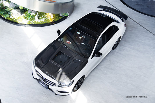 Mercedes Benz C-Class C43 C400 C300 W205 2015-2021 & C-Class C43 C300 W205 2016-2022 with CMST Tuning's Aftermarket Parts - Carbon Fiber and FRP Hood Bonnet V4 Style