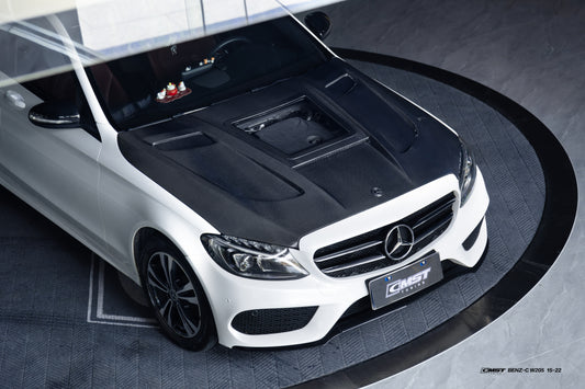 Mercedes Benz C-Class C43 C400 C300 W205 2015-2021 & C-Class C43 C300 W205 2016-2022 with CMST Tuning's Aftermarket Parts - Carbon Fiber and FRP Hood Bonnet V4 Style