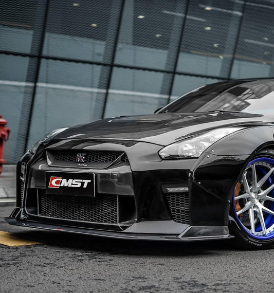 Nissan GTR Nismo Black Edition Track Eidtion Premium Base 2008-2016 (for installation on 2017-2024 vehicles, 2008-2016 hood is recommended) with Aftermarket Parts - Stage 1 Style Front Bumper & Lip (Undertray & DRL included) Carbon Fiber / FRP from CMST Tuning