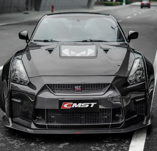 Nissan GTR Nismo Black Edition Track Eidtion Premium Base 2008-2016 (for installation on 2017-2024 vehicles, 2008-2016 hood is recommended) with Aftermarket Parts - Stage 1 Style Front Bumper & Lip (Undertray & DRL included) Carbon Fiber / FRP from CMST Tuning