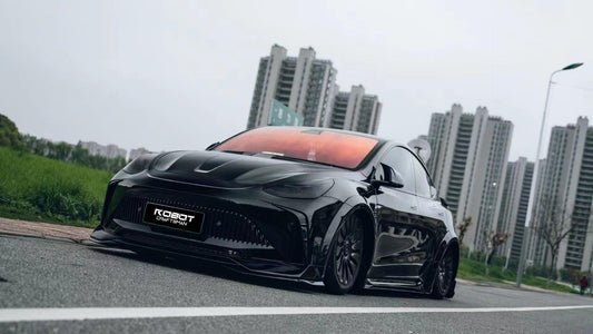 Tesla Model Y Performance AWD Long Range RWD Standard 2020 2021 2023 2024 with Aftermarket Parts - "STARSHIP" Stage 1 Corner Lip (2 pcs) & Stage 2 Corner Lip (4 pcs) & Front Bumper Carbon Fiber from Robot Craftsman