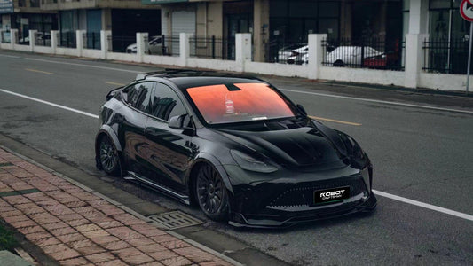 Tesla Model Y Performance AWD Long Range RWD Standard 2020 2021 2023 2024 with Aftermarket Parts - "STARSHIP" Stage 1 Corner Lip (2 pcs) & Stage 2 Corner Lip (4 pcs) & Front Bumper Carbon Fiber from Robot Craftsman