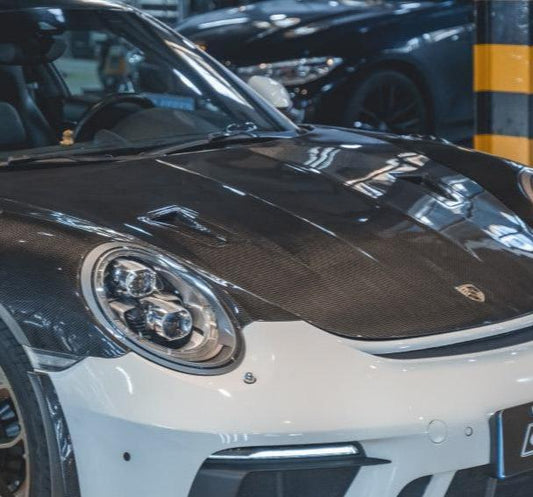 981 Cayman Base/S/T/GTS/GT4 2014-2016 & 981 Boxster Base/S/T/GTS/Spyder 2014-2016 & 718 Cayman Base/S/T/GTS/GT4/GT4RS 2017-2024 & 718 Boxster Base/S/T/GTS/Spyder/SpyderRS 2017-2024 & 991 991.1 911 Carerra Base/S/T/4/4S/Targa 4/ Targa 4S/GTS/Turbo/Turbo S/GT3/GT3RS 2012-2016 & 991 991.2 911 Carerra Base/S/T/4/4S/Targa 4/ Targa 4S/GTS/Turbo/Turbo SGT3/GT3RS/GT2RS 2017-2019 with Aftermarket Parts - Hood Bonnet Carbon Fiber / FRP from CMST Tuning