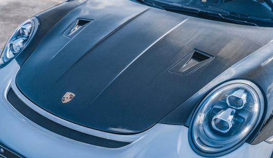981 Cayman Base/S/T/GTS/GT4 2014-2016 & 981 Boxster Base/S/T/GTS/Spyder 2014-2016 & 718 Cayman Base/S/T/GTS/GT4/GT4RS 2017-2024 & 718 Boxster Base/S/T/GTS/Spyder/SpyderRS 2017-2024 & 991 991.1 911 Carerra Base/S/T/4/4S/Targa 4/ Targa 4S/GTS/Turbo/Turbo S/GT3/GT3RS 2012-2016 & 991 991.2 911 Carerra Base/S/T/4/4S/Targa 4/ Targa 4S/GTS/Turbo/Turbo SGT3/GT3RS/GT2RS 2017-2019 with Aftermarket Parts - Hood Bonnet Carbon Fiber / FRP from CMST Tuning