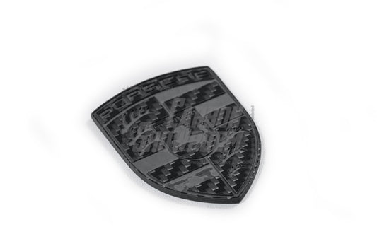 Porsche Style Crest Emblem Badge - Blacked Out Carbon Fiber