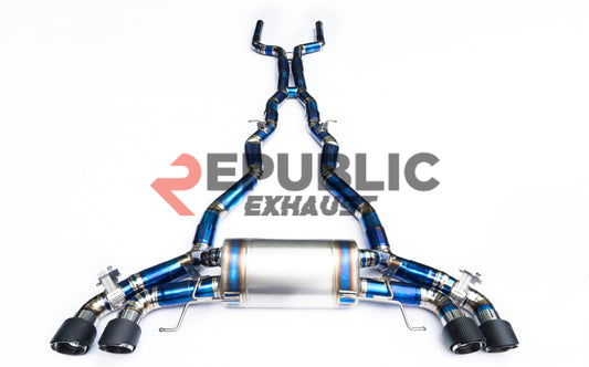 BMW M8 F91 F92 F93 2019-ON (4.4T) with Aftermarket Parts - Catback Exhaust Quad Exit Tips Titanium / Stainless Steel from Republic Exhaust