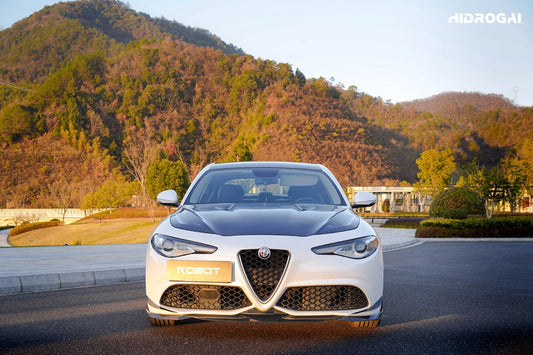 Alfa Romeo Giulia Sport Veloce Ti Sprint RWD AWD 2017 2018 2019 2020 2021 2022 2023 2024 (not suitable for Base and Lusso front bumpers) with Aftermarket Parts - "HIDROGAI" Front Lip Splitter Carbon Fiber / FRP from Robot Craftsman