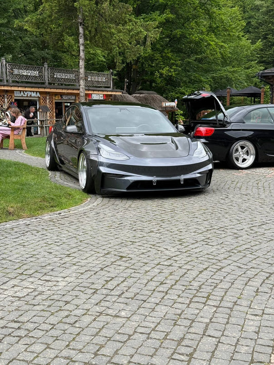 Tesla Model 3 Performance Long Range Standard Base 2017 2018 2019 2020 2021 2022 2023 with Aftermarket Parts - "Crypton" Hood Bonnet Carbon Fiber / FRP from Robot Craftsman
