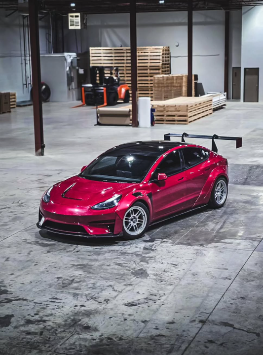 Tesla Model 3 Performance Long Range Standard Base 2017 2018 2019 2020 2021 2022 2023 with Aftermarket Parts - Crypton Front Bumper & Lip Carbon Fiber / FRP from Robot Craftsman