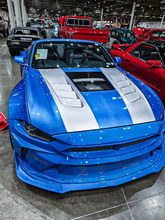Ford Mustang Ecoboost V6 GT 2015 2016 2017 & Mustang Ecoboost V6 GT S550.1 2015 2016 2017 & Mustang Ecoboost V6 GT March1 Bullitt S550.2 2018 2019 2020 2021 2022 2023 with Aftermarket Parts - DUSK Front Bumper & Lip (Badge included) & Replacement Front Lip Only Carbon Fiber / FRP from Robot Craftsman
