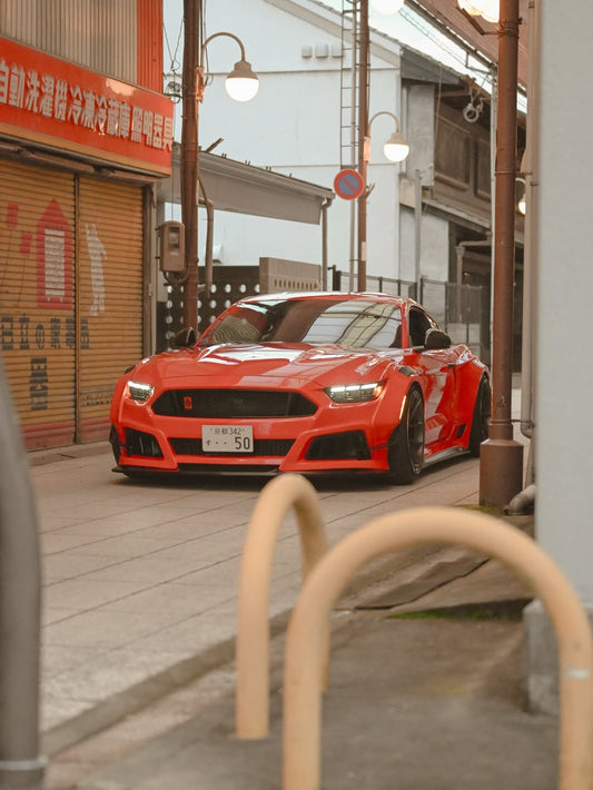 Ford Mustang Ecoboost V6 GT S550.1 2015 2016 2017 & Mustang Ecoboost V6 GT March1 Bullitt S550.1 S550.2 2015 2016 2017 2018 2019 2020 2021 2022 2023 & Mustang Ecoboost V6 GT March1 Bullitt S550.2 2018 2019 2020 2021 2022 2023 with Aftermarket Parts - STORM Widebody Front Bumper & Lip & Replacement Front Lip Only Carbon Fiber/FRP from Robot Craftsman