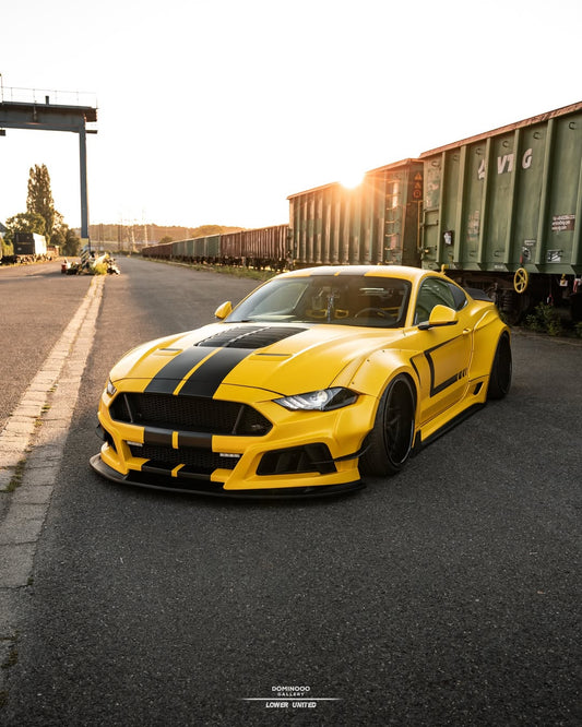 Ford Mustang Ecoboost V6 GT S550.1 2015 2016 2017 & Mustang Ecoboost V6 GT March1 Bullitt S550.1 S550.2 2015 2016 2017 2018 2019 2020 2021 2022 2023 & Mustang Ecoboost V6 GT March1 Bullitt S550.2 2018 2019 2020 2021 2022 2023 with Aftermarket Parts - STORM Widebody Front Bumper & Lip & Replacement Front Lip Only Carbon Fiber/FRP from Robot Craftsman