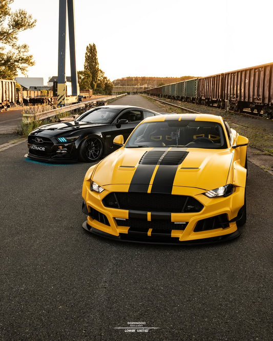 Ford Mustang Ecoboost V6 GT S550.1 2015 2016 2017 & Mustang Ecoboost V6 GT March1 Bullitt S550.1 S550.2 2015 2016 2017 2018 2019 2020 2021 2022 2023 & Mustang Ecoboost V6 GT March1 Bullitt S550.2 2018 2019 2020 2021 2022 2023 with Aftermarket Parts - STORM Widebody Front Bumper & Lip & Replacement Front Lip Only Carbon Fiber/FRP from Robot Craftsman