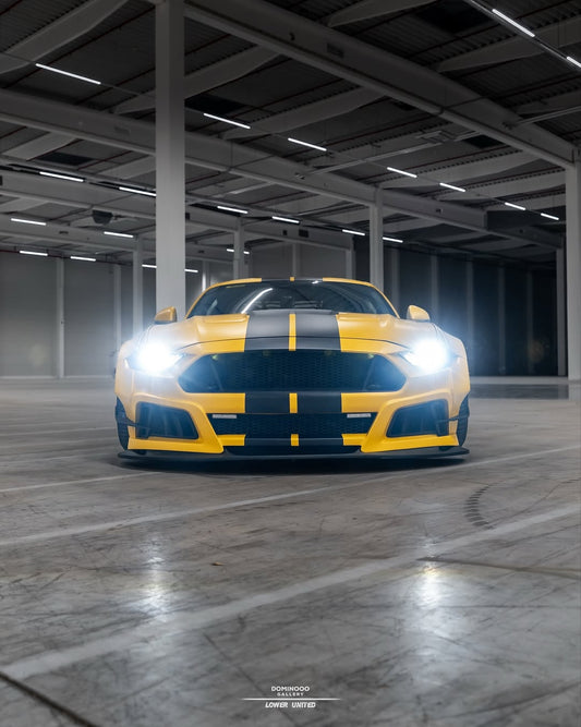 Ford Mustang Ecoboost V6 GT S550.1 2015 2016 2017 & Mustang Ecoboost V6 GT March1 Bullitt S550.1 S550.2 2015 2016 2017 2018 2019 2020 2021 2022 2023 & Mustang Ecoboost V6 GT March1 Bullitt S550.2 2018 2019 2020 2021 2022 2023 with Aftermarket Parts - STORM Widebody Front Bumper & Lip & Replacement Front Lip Only Carbon Fiber/FRP from Robot Craftsman