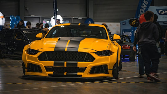 Ford Mustang Ecoboost V6 GT S550.1 2015 2016 2017 & Mustang Ecoboost V6 GT March1 Bullitt S550.1 S550.2 2015 2016 2017 2018 2019 2020 2021 2022 2023 & Mustang Ecoboost V6 GT March1 Bullitt S550.2 2018 2019 2020 2021 2022 2023 with Aftermarket Parts - STORM Widebody Front Bumper & Lip & Replacement Front Lip Only Carbon Fiber/FRP from Robot Craftsman