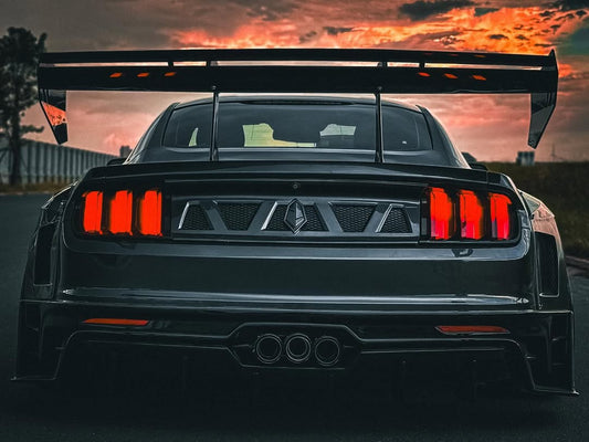 Ford Mustang Ecoboost V6 GT March1 Bullitt S550.1 S550.2 2015 2016 2017 2018 2019 2020 2021 2022 2023 with Aftermarket Parts - "DAWN & DUSK" Trunk Deck Lid Back Cover with Wooden Boat Badge Carbon Fiber / FRP from Robot Craftsman