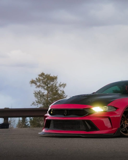 Ford Mustang Ecoboost V6 GT 2015 2016 2017 & Mustang Ecoboost V6 GT S550.1 2015 2016 2017 & Mustang Ecoboost V6 GT March1 Bullitt S550.2 2018 2019 2020 2021 2022 2023 with Aftermarket Parts - DUSK Front Bumper & Lip (Badge included) & Replacement Front Lip Only Carbon Fiber / FRP from Robot Craftsman
