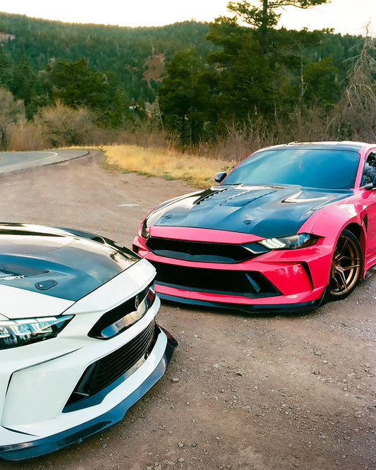 Ford Mustang Ecoboost V6 GT 2015 2016 2017 & Mustang Ecoboost V6 GT S550.1 2015 2016 2017 & Mustang Ecoboost V6 GT March1 Bullitt S550.2 2018 2019 2020 2021 2022 2023 with Aftermarket Parts - DUSK Front Bumper & Lip (Badge included) & Replacement Front Lip Only Carbon Fiber / FRP from Robot Craftsman