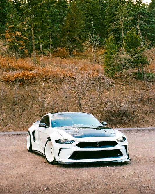 Ford Mustang Ecoboost V6 GT 2015 2016 2017 & Mustang Ecoboost V6 GT S550.1 2015 2016 2017 & Mustang Ecoboost V6 GT March1 Bullitt S550.2 2018 2019 2020 2021 2022 2023 with Aftermarket Parts - DUSK Front Bumper & Lip (Badge included) & Replacement Front Lip Only Carbon Fiber / FRP from Robot Craftsman