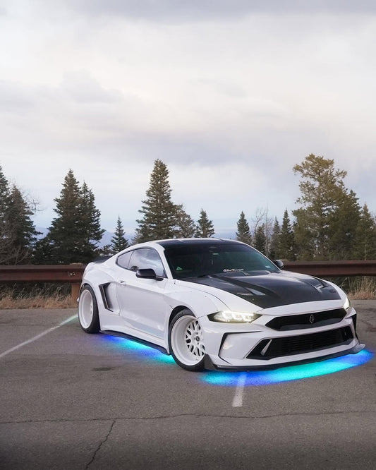 Ford Mustang Ecoboost V6 GT S550.1 2015 2016 2017 & Mustang Ecoboost V6 GT March1 Bullitt S550.2 2018 2019 2020 2021 2022 2023 with Aftermarket Parts - " DAWN & DUSK " Widebody Fender Flares Wheel Arches & Side Skirts Carbon Fiber / FRP from Robot Craftsman