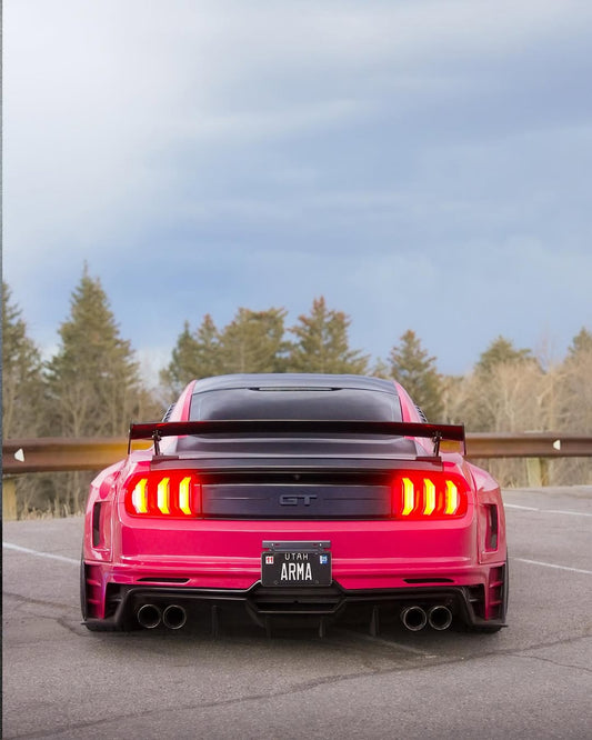 Ford Mustang Ecoboost V6 GT March1 Bullitt S550.1 S550.2 2015 2016 2017 2018 2019 2020 2021 2022 2023 with Aftermarket Parts - DAWN & DUSK Rear Bumper & Diffuser & Exhaust Tip Trim Carbon Fiber / FRP from Robot Craftsman