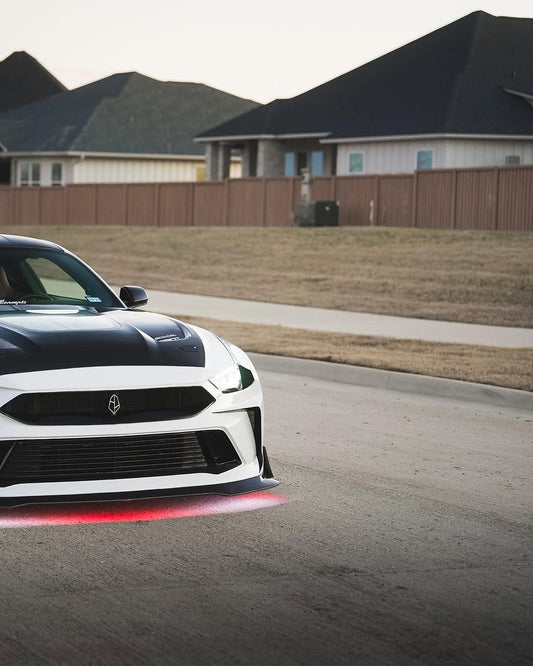 Ford Mustang Ecoboost V6 GT 2015 2016 2017 & Mustang Ecoboost V6 GT S550.1 2015 2016 2017 & Mustang Ecoboost V6 GT March1 Bullitt S550.2 2018 2019 2020 2021 2022 2023 with Aftermarket Parts - DUSK Front Bumper & Lip (Badge included) & Replacement Front Lip Only Carbon Fiber / FRP from Robot Craftsman