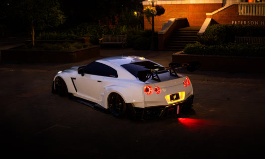 Nissan GTR Nismo T-Spec Black Edition Track Edition Premium Pure CBA DBA EBA 2008 2009 2010 2011 2012 2013 2014 2015 2016 2017 2018 2019 2020 2021 2022 2023 2024 (designed to be compatible with ROBOT CRAFTSMAN front bumper) with Aftermarket Parts - "Godzilla" Widebody Wheel Arches & Side Skirts Carbon Fiber / FRP from Robot Craftsman