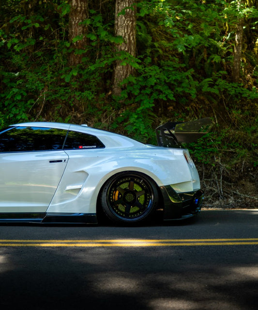 Nissan GTR Nismo T-Spec Black Edition Track Edition Premium Pure CBA DBA EBA 2008 2009 2010 2011 2012 2013 2014 2015 2016 2017 2018 2019 2020 2021 2022 2023 2024 (designed to be compatible with ROBOT CRAFTSMAN front bumper) with Aftermarket Parts - "Godzilla" Widebody Wheel Arches & Side Skirts Carbon Fiber / FRP from Robot Craftsman