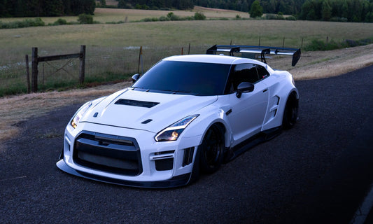 Nissan GTR Nismo T-Spec Black Edition Track Edition Premium Pure CBA DBA EBA 2008 2009 2010 2011 2012 2013 2014 2015 2016 2017 2018 2019 2020 2021 2022 2023 2024 (designed to be compatible with ROBOT CRAFTSMAN front bumper) with Aftermarket Parts - "Godzilla" Widebody Wheel Arches & Side Skirts Carbon Fiber / FRP from Robot Craftsman
