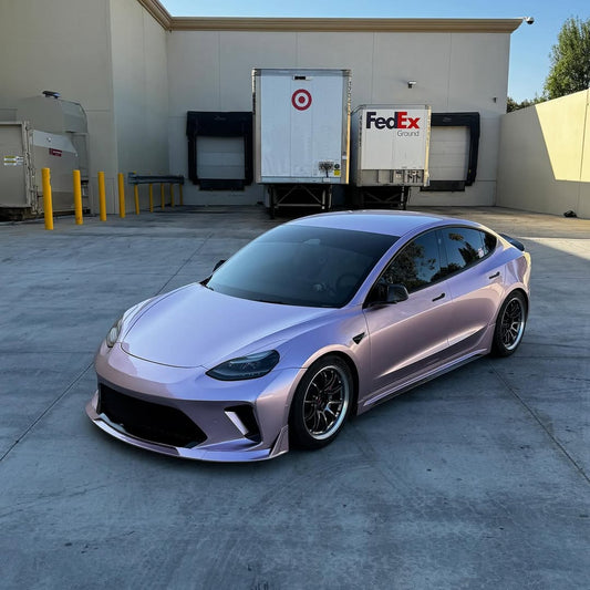 Tesla Model 3 Performance Long Range Standard Base 2017 2018 2019 2020 2021 2022 2023 with Aftermarket Parts - "HACKER" Narrow Body Front Bumper & Front Splitter Carbon Fiber / FRP from Robot Craftsman