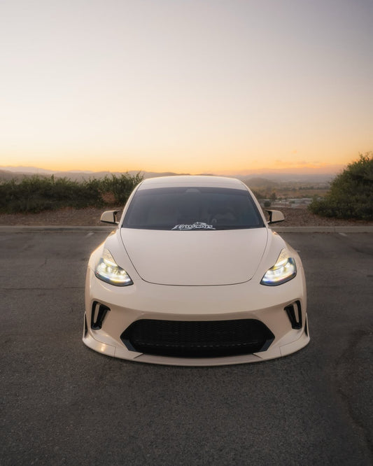 Tesla Model 3 Performance Long Range Standard Base 2017 2018 2019 2020 2021 2022 2023 with Aftermarket Parts - "HACKER" Narrow Body Front Bumper & Front Splitter Carbon Fiber / FRP from Robot Craftsman