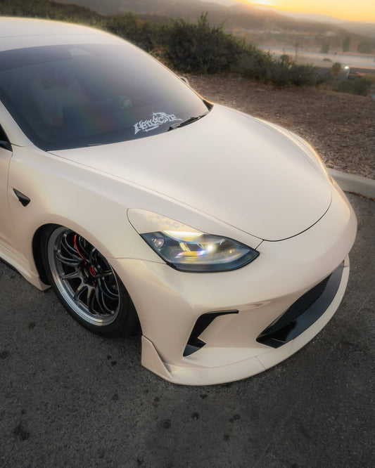 Tesla Model 3 Performance Long Range Standard Base 2017 2018 2019 2020 2021 2022 2023 with Aftermarket Parts - "HACKER" Narrow Body Front Bumper & Front Splitter Carbon Fiber / FRP from Robot Craftsman