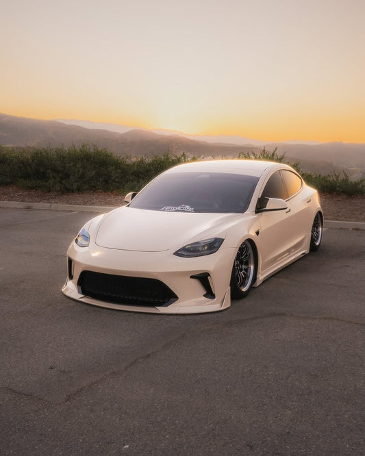 Tesla Model 3 Performance Long Range Standard Base 2017 2018 2019 2020 2021 2022 2023 with Aftermarket Parts - "HACKER" Narrow Body Front Bumper & Front Splitter Carbon Fiber / FRP from Robot Craftsman