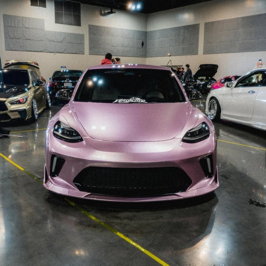 Tesla Model 3 Performance Long Range Standard Base 2017 2018 2019 2020 2021 2022 2023 with Aftermarket Parts - "HACKER" Narrow Body Front Bumper & Front Splitter Carbon Fiber / FRP from Robot Craftsman