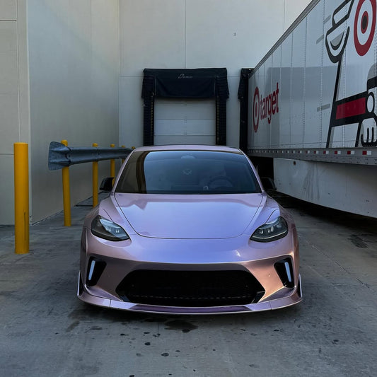 Tesla Model 3 Performance Long Range Standard Base 2017 2018 2019 2020 2021 2022 2023 with Aftermarket Parts - "HACKER" Narrow Body Front Bumper & Front Splitter Carbon Fiber / FRP from Robot Craftsman
