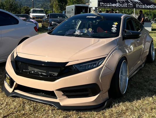 Honda Civic 10th Gen FC1 FC2 FC5 FC6 2016 2017 2018 2019 2020 2021 & Civic 10th Gen FK7 2017 2018 2019 2020 2021 (compatible with both OEM bumper and ROBOT CRAFTSMAN bumper, fits FK7 Hatchback although panel line is slightly different) with Aftermarket Parts - Widebody Wheel Arches Fender Flares Carbon Fiber / FRP from Robot Craftsman