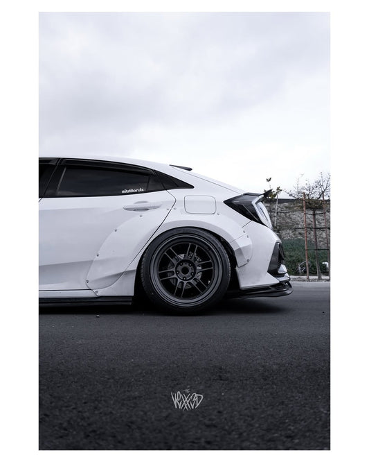Honda Civic 10th Gen FC1 FC2 FC5 FC6 2016 2017 2018 2019 2020 2021 & Civic 10th Gen FK7 2017 2018 2019 2020 2021 (compatible with both OEM bumper and ROBOT CRAFTSMAN bumper, fits FK7 Hatchback although panel line is slightly different) with Aftermarket Parts - Widebody Wheel Arches Fender Flares Carbon Fiber / FRP from Robot Craftsman