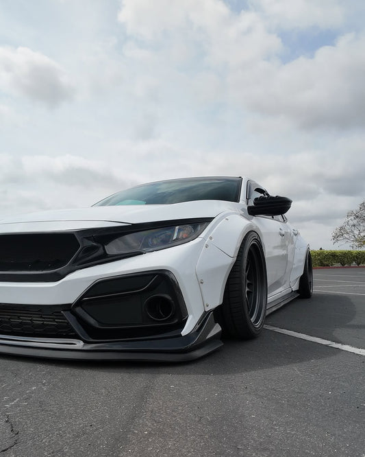 Honda Civic 10th Gen FC1 FC2 FC5 FC6 2016 2017 2018 2019 2020 2021 & Civic 10th Gen FK7 2017 2018 2019 2020 2021 (compatible with both OEM bumper and ROBOT CRAFTSMAN bumper, fits FK7 Hatchback although panel line is slightly different) with Aftermarket Parts - Widebody Wheel Arches Fender Flares Carbon Fiber / FRP from Robot Craftsman