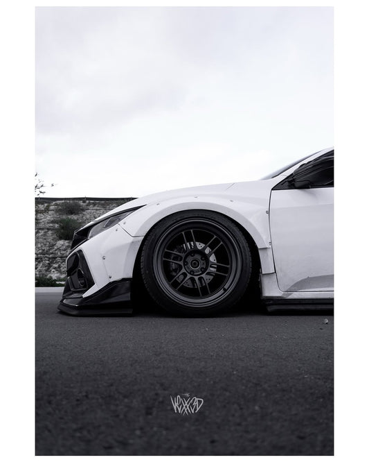 Honda Civic 10th Gen FC1 FC2 FC5 FC6 2016 2017 2018 2019 2020 2021 & Civic 10th Gen FK7 2017 2018 2019 2020 2021 (compatible with both OEM bumper and ROBOT CRAFTSMAN bumper, fits FK7 Hatchback although panel line is slightly different) with Aftermarket Parts - Widebody Wheel Arches Fender Flares Carbon Fiber / FRP from Robot Craftsman