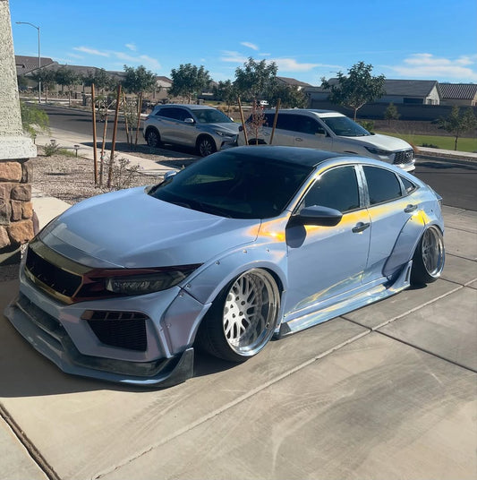 Honda Civic 10th Gen FC1 FC2 FC5 FC6 2016 2017 2018 2019 2020 2021 & Civic 10th Gen FK7 2017 2018 2019 2020 2021 (compatible with both OEM bumper and ROBOT CRAFTSMAN bumper, fits FK7 Hatchback although panel line is slightly different) with Aftermarket Parts - Widebody Wheel Arches Fender Flares Carbon Fiber / FRP from Robot Craftsman