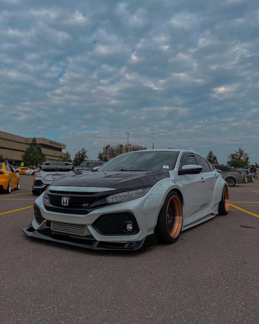 Honda Civic 10th Gen FC1 FC2 FC5 FC6 2016 2017 2018 2019 2020 2021 & Civic 10th Gen FK7 2017 2018 2019 2020 2021 (compatible with both OEM bumper and ROBOT CRAFTSMAN bumper, fits FK7 Hatchback although panel line is slightly different) with Aftermarket Parts - Widebody Wheel Arches Fender Flares Carbon Fiber / FRP from Robot Craftsman