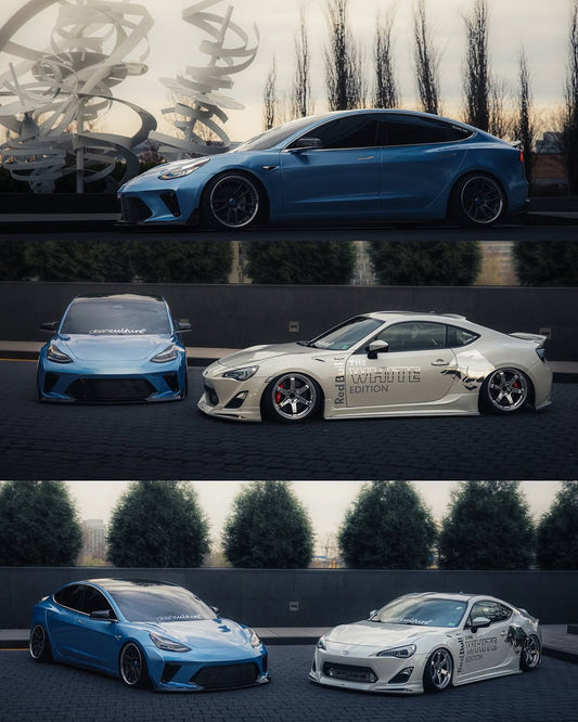 Tesla Model 3 Performance Long Range Standard Base 2017 2018 2019 2020 2021 2022 2023 with Aftermarket Parts - "HACKER" Narrow Body Front Bumper & Front Splitter Carbon Fiber / FRP from Robot Craftsman
