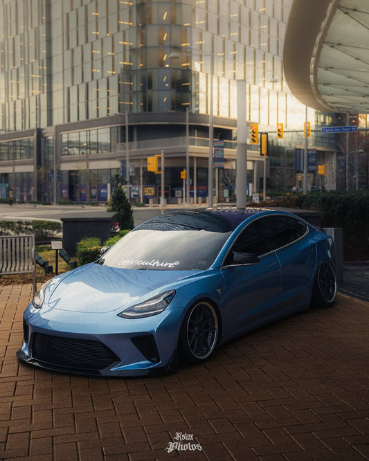 Tesla Model 3 Performance Long Range Standard Base 2017 2018 2019 2020 2021 2022 2023 with Aftermarket Parts - "HACKER" Narrow Body Front Bumper & Front Splitter Carbon Fiber / FRP from Robot Craftsman