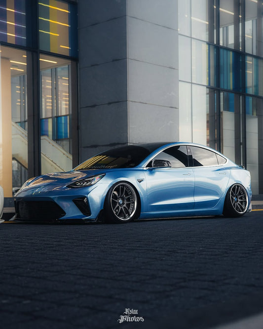 Tesla Model 3 Performance Long Range Standard Base 2017 2018 2019 2020 2021 2022 2023 with Aftermarket Parts - "HACKER" Narrow Body Front Bumper & Front Splitter Carbon Fiber / FRP from Robot Craftsman